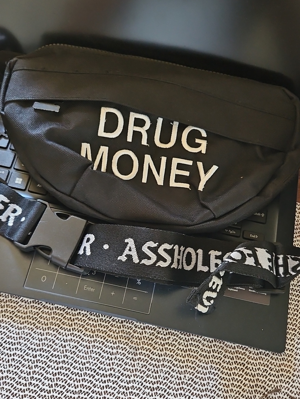DRUG MONEY Black Waist Bag with Graphic Strap